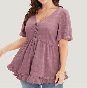 Solid Textured Knot Lace Ruffle Trim Blouse